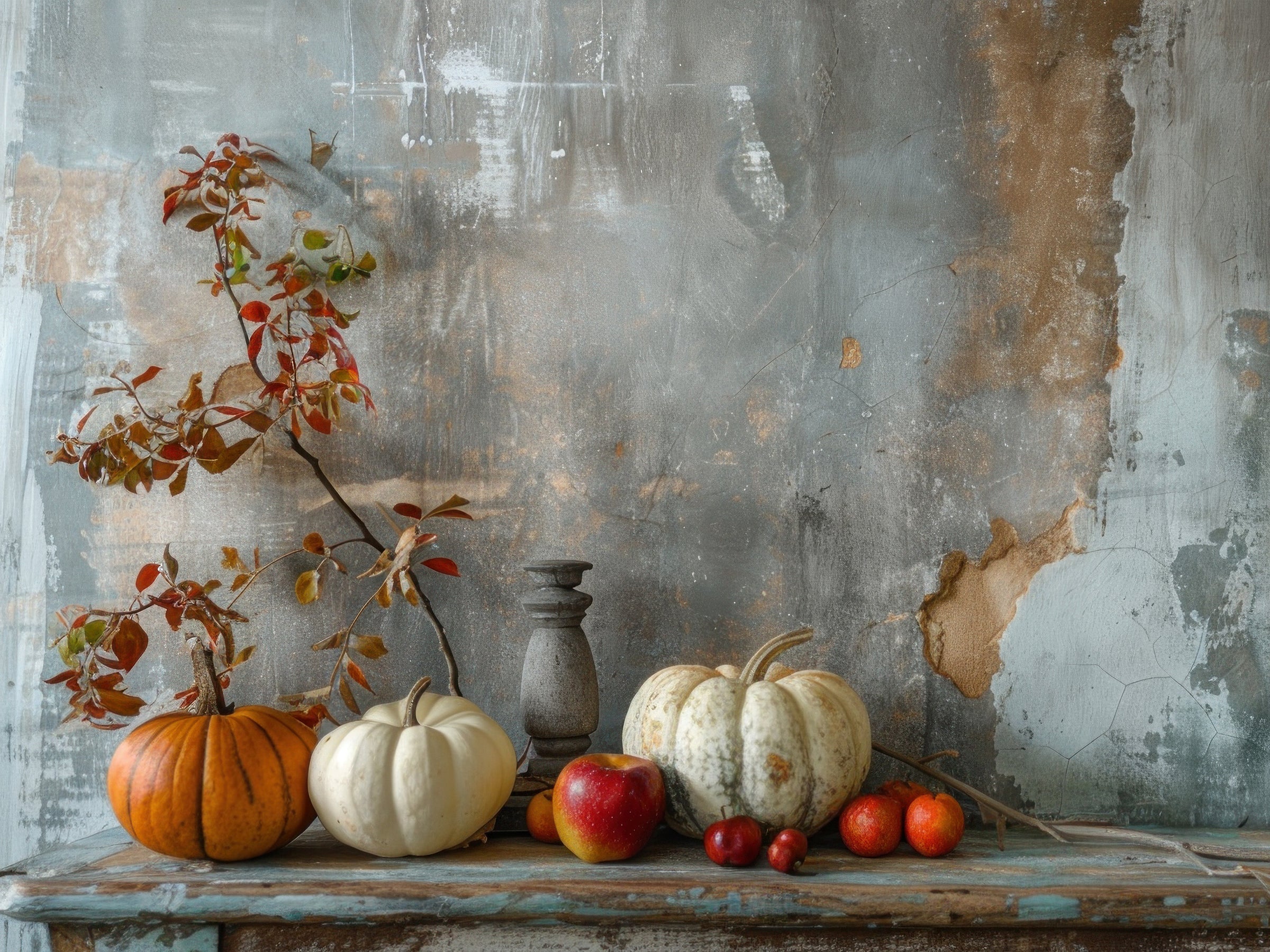 Autumnal still life with pumpkins, apples, and a candle on a rustic wooden table against a textured wall.